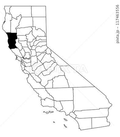 Map of Mendocino County in California state on white background. single County map highlighted by black colour on California map. UNITED STATES, US Map of Mendocino County in California state on white background. single County map highlighted by black colour on California map. UNITED STATES, US 117463556