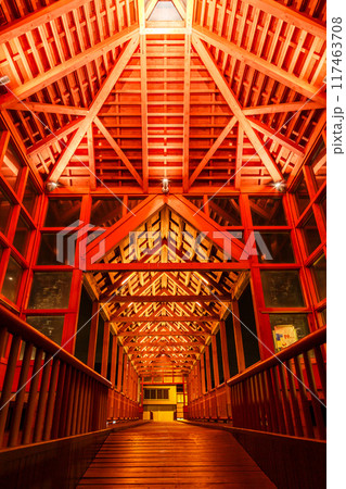 夜の赤い屋根の橋を中から撮影　東橋　富山県射水市内川　 117463708