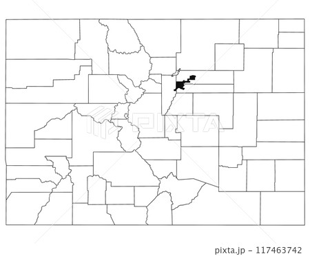 Map of Denver County in Colorado state on white background. single County map highlighted by black colour on Colorado map. UNITED STATES, US Map of Denver County in Colorado state on white background. single County map highlighted by black colour on Colorado map. UNITED STATES, US 117463742