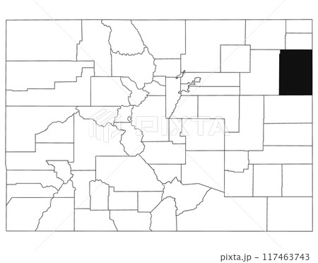 Map of Yuma County in Colorado state on white background. single County map highlighted by black colour on Colorado map. UNITED STATES, US Map of Yuma County in Colorado state on white background. single County map highlighted by black colour on Colorado map. UNITED STATES, US 117463743