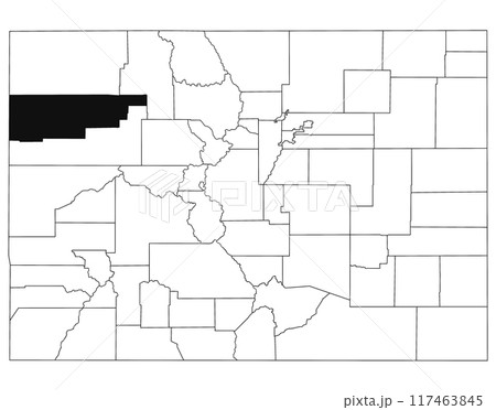 Map of Rio blanco County in Colorado state on white background. single County map highlighted by black colour on Colorado map. UNITED STATES, US Map of Rio blanco County in Colorado state on white background. single County map highlighted by black colour on Colorado map. UNITED STATES, US 117463845