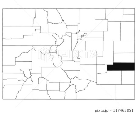 Map of Kiowa County in Colorado state on white background. single County map highlighted by black colour on Colorado map. UNITED STATES, US Map of Kiowa County in Colorado state on white background. single County map highlighted by black colour on Colorado map. UNITED STATES, US 117463851