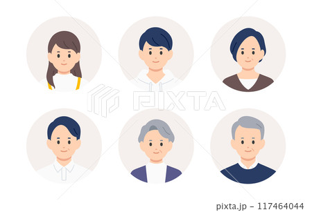 高校生・中年・シニアの顔アイコンセット【人物ベクターイラスト素材】 高校生・中年・シニアの顔アイコンセット【人物ベクターイラスト素材】 117464044