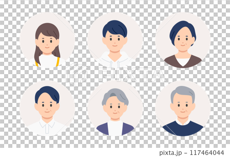 高校生・中年・シニアの顔アイコンセット【人物ベクターイラスト素材】 高校生・中年・シニアの顔アイコンセット【人物ベクターイラスト素材】 117464044