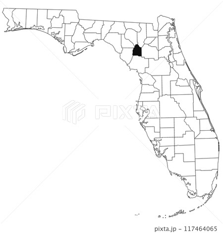 Map of Gilchrist County in Florida state on white background. single County map highlighted by black colour on Florida map. UNITED STATES, US 117464065