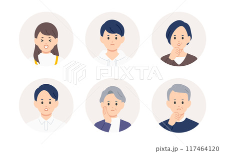 ネガティブな高校生･中年･シニアの顔アイコンセット【人物ベクターイラスト素材】 117464120