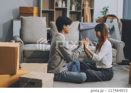 Asian Female discussing new project with male colleague. Young woman talking with young Asian man with financial on sofa in home office 117464655