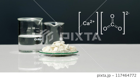 Calcium carbonate chip in chemical watch glass with molecular structure on white laboratory table. Side view 117464772