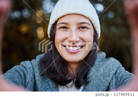 Forest, selfie and happy woman in nature for travel, adventure and holiday outdoor with social media photography. Profile picture, portrait and girl person in woods for camping, hiking or explore Forest, selfie and happy woman in nature for travel, adventure and holiday outdoor with social media photography. Profile picture, portrait and girl person in woods for camping, hiking or explore 117465611