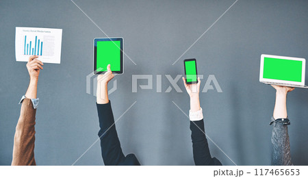 Green screen, wall background and hands of business people with tablet for website, internet and user interface. Mockup, social media and worker with chromakey on tech for news, information and graph 117465653