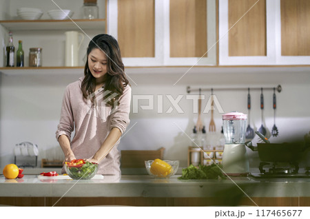 young asian woman preparing meal in kitchen at home young asian woman preparing meal in kitchen at home 117465677