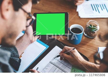 Tablet, green screen and business meeting in workplace with collaboration, planning for company pitch. Mobile technology, people and chroma key with hands for design, review or mock up for accounting Tablet, green screen and business meeting in workplace with collaboration, planning for company pitch. Mobile technology, people and chroma key with hands for design, review or mock up for accounting 117465806
