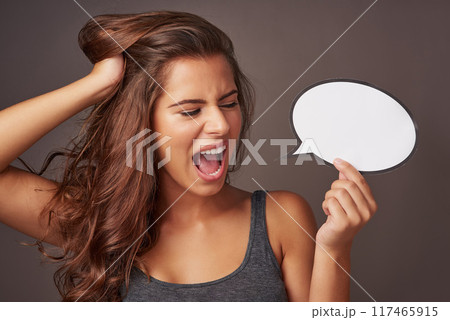 Woman, shout and studio background with speech bubble for mockup space, idea for advertising or social media billboard. Female person, excited and empty sign for information, news or wow notification Woman, shout and studio background with speech bubble for mockup space, idea for advertising or social media billboard. Female person, excited and empty sign for information, news or wow notification 117465915