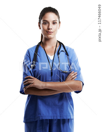 Woman, doctor and arms crossed on portrait in studio for health care on white background for career. Female person, confident surgeon and smile on face as medical professional, expert and support 117466049
