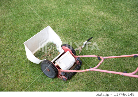 芝生に置かれた芝刈り機　のイメージ 117466149