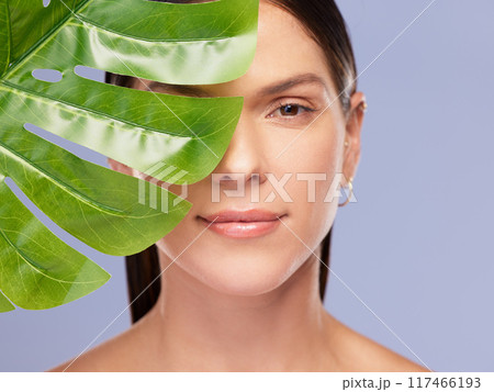 Skincare, portrait and girl with monstera plant in studio for natural beauty, wellness or eco friendly cosmetics on purple background. Dermatology, leaf and woman face model with organic skin product 117466193