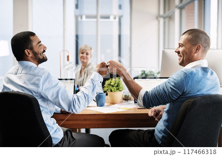 Fist bump, celebration and businessmen for support, partnership and team building mission, goal and target. Friends, excited hand sign and collaboration, b2b success and corporate startup deal 117466318