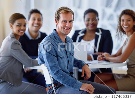 Business people, meeting and teamwork in portrait for company report and sales review in office. Happy, corporate group and documents at table in conference room for team performance and cooperation Business people, meeting and teamwork in portrait for company report and sales review in office. Happy, corporate group and documents at table in conference room for team performance and cooperation 117466337