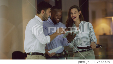 Business people, teamwork and discussion with tablet in office for company project and task for agency. Corporate, employees and working for online, research and internet for collaboration or smile. Business people, teamwork and discussion with tablet in office for company project and task for agency. Corporate, employees and working for online, research and internet for collaboration or smile. 117466389