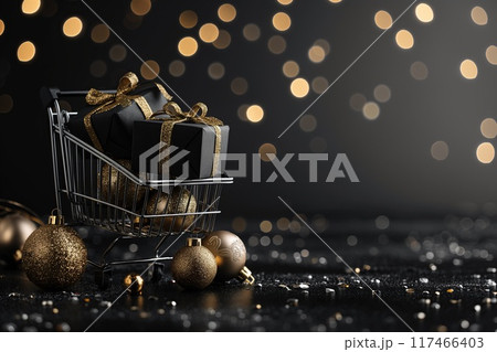 Shopping trolley with gift boxes and Christmas balls on dark background 117466403