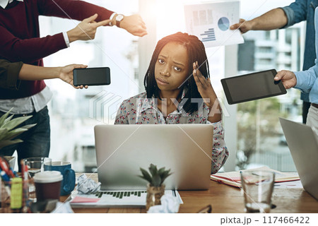 African woman, overwhelmed and chaos in office with hands, staff and documents for deadline at startup. Person, stress and multitasking with paperwork, charts and time management with technology African woman, overwhelmed and chaos in office with hands, staff and documents for deadline at startup. Person, stress and multitasking with paperwork, charts and time management with technology 117466422