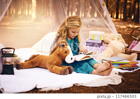 Reading book, girl kid and picnic in woods for development, education or fairytale story. Nature, fantasy and child on blanket with stuffed animal for relax, weekend break or literature in Canada 117466503