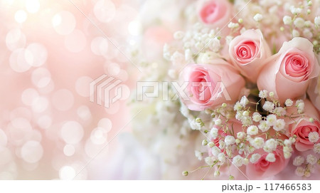 Bouquet of pink roses and gypsophila on bokeh background Bouquet of pink roses and gypsophila on bokeh background 117466583