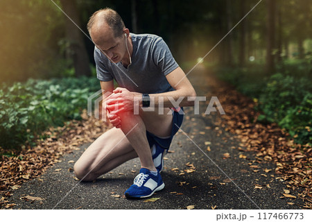 Knee pain, jog and man in nature for exercise, rest and check injury on trail. Male runner, kneel and overlay for hurt from fitness, running and arthritis in leg with earphones and sportswear Knee pain, jog and man in nature for exercise, rest and check injury on trail. Male runner, kneel and overlay for hurt from fitness, running and arthritis in leg with earphones and sportswear 117466773