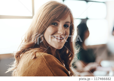 Woman, office and portrait with smile for business meeting, accounting career or finance company. Female accountant, happiness and workplace in London with professional employee, manager on training Woman, office and portrait with smile for business meeting, accounting career or finance company. Female accountant, happiness and workplace in London with professional employee, manager on training 117466882