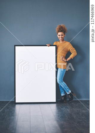 Happy, banner and portrait of woman on wall background for news, announcement and review. Mockup space, social media and person with sign, billboard or poster for information or advertising in studio Happy, banner and portrait of woman on wall background for news, announcement and review. Mockup space, social media and person with sign, billboard or poster for information or advertising in studio 117466969