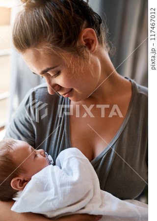 Mom, newborn and happy for care in home for support, love and trust for growth and child development. Parent, kid and mother with toddler for childcare with bonding, childhood memories and smile 117467012
