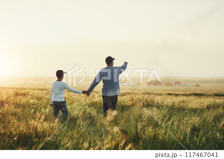 Back, field and father with son, holding hands and walking with sunshine, travel and bonding together. Family, single parent and dad with kid, boy and child with weekend break, nature and adventure Back, field and father with son, holding hands and walking with sunshine, travel and bonding together. Family, single parent and dad with kid, boy and child with weekend break, nature and adventure 117467041