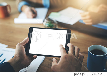 Business person, hands and tablet with screen in meeting for advertising or marketing agency at office. Closeup of employee with team, technology display or app for digital innovation on mockup space Business person, hands and tablet with screen in meeting for advertising or marketing agency at office. Closeup of employee with team, technology display or app for digital innovation on mockup space 117467345