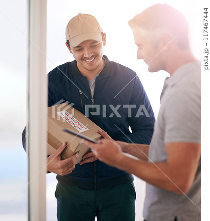 Delivery man, cargo and distribution with clipboard for shipping, box for shipment and supplier for service. Purchase, parcel or reading for online shopping order by logistics worker, courier or mail Delivery man, cargo and distribution with clipboard for shipping, box for shipment and supplier for service. Purchase, parcel or reading for online shopping order by logistics worker, courier or mail 117467444