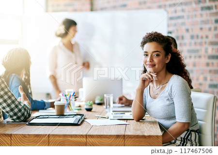 Business, presentation and portrait of girl in office with documents for teamwork, planning or idea inspiration. Meeting, face or accounting intern with group of people for sales, profit or feedback 117467506