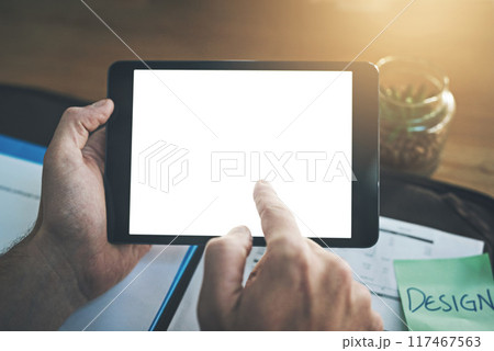 Business person, hands and tablet with screen for design, advertising or marketing at office desk. Closeup of employee pointing with technology display or app for digital innovation on mockup space 117467563