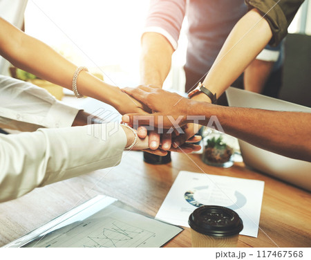 Teamwork, documents and pile of hands with office, business people and partnership for support. Team building, law firm and legal consultant for goal, help or mission target for corporate attorney 117467568