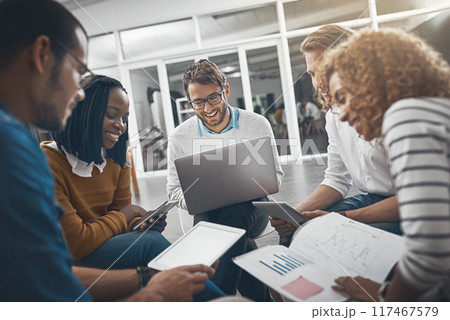 Group of people, tablet screen and diversity in meeting for data analysis as web developer with mockup space. Team, tech and digital agency in research, growth or career in brand design for company 117467579