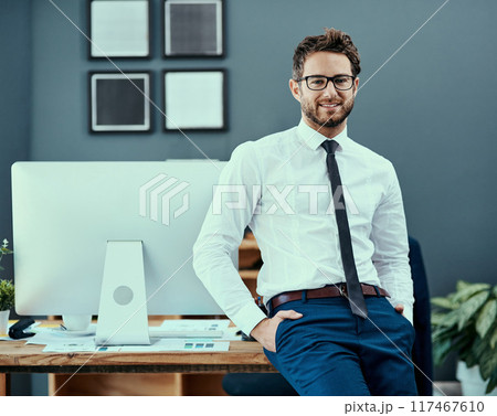 Male accountant, office and portrait with glasses for confidence, smile and proud in workplace. Businessman, success and comfort for finance in company management and professional in industry Male accountant, office and portrait with glasses for confidence, smile and proud in workplace. Businessman, success and comfort for finance in company management and professional in industry 117467610