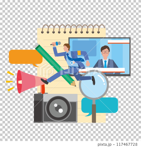 Illustration of reporters and news reporters running around to cover stories Illustration of reporters and news reporters running around to cover stories 117467728
