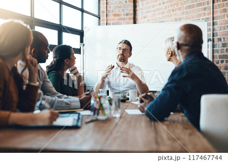 Man, manager and meeting or presentation in boardroom with coworkers for corporate business seminar. Discussion, financial and training for company growth with teamwork, leader and workshop mentor Man, manager and meeting or presentation in boardroom with coworkers for corporate business seminar. Discussion, financial and training for company growth with teamwork, leader and workshop mentor 117467744