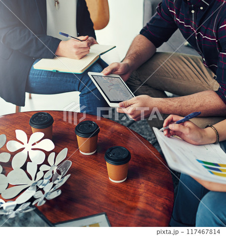 Hands, team and business people planning with data, statistics and tablet info in startup idea. Group, collaboration or financial analyst brainstorming analysis of graph or writing notes on paper 117467814