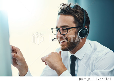 Business, man and call centre with headset or happy, help desk and friendly customer service or online advice. Tech support, telesales and microphone for communication, agent and talking consultation Business, man and call centre with headset or happy, help desk and friendly customer service or online advice. Tech support, telesales and microphone for communication, agent and talking consultation 117468181