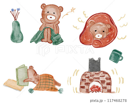 水彩で描いたナチュラルでかわいいクマのイラスト素材の一式セット 117468278