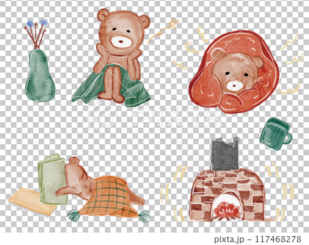 水彩で描いたナチュラルでかわいいクマのイラスト素材の一式セット 117468278