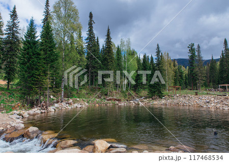 Mountain landscape, picturesque mountain lake in the summer morning 117468534