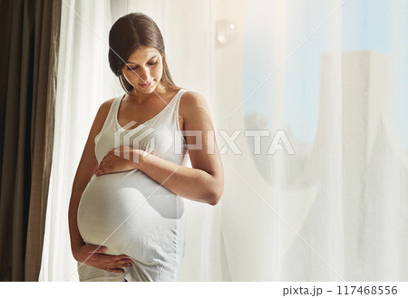 Pregnant, happy and woman by window in home hold stomach for love, prenatal care and support in morning. Family, pregnancy and person hug tummy for wellness, baby health and maternity in living room 117468556