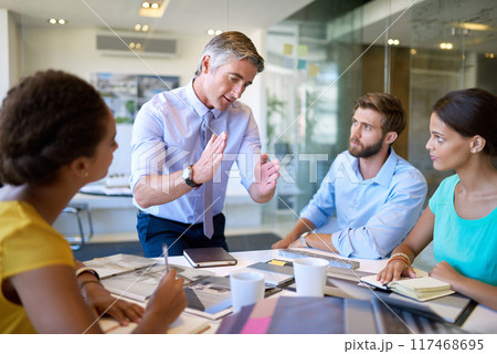 Team, discussion and meeting in office with staff for planning, ideas and collaboration support of project pitch. Men, woman and proposal for brainstorming, feedback or teamwork with negotiation 117468695