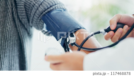 Doctor, blood pressure and patient appointment in clinic, professional consultation and monitor or healthcare. People, wellness and medical help or hypertension, heart rate and equipment in hospital Doctor, blood pressure and patient appointment in clinic, professional consultation and monitor or healthcare. People, wellness and medical help or hypertension, heart rate and equipment in hospital 117468878