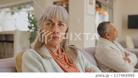 Home, portrait or fight of senior couple or argument, ignore or misunderstanding with conflict. Married people, woman and man with upset, angry wife or frustrated with silent treatment on sofa Home, portrait or fight of senior couple or argument, ignore or misunderstanding with conflict. Married people, woman and man with upset, angry wife or frustrated with silent treatment on sofa 117468998